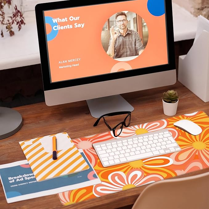 Desk Pad - Hippie Vintage Orange Flowers Desk Mat, Retro Floral Large Gaming - Image 5