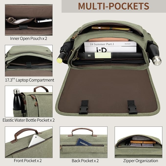 ESTARER Men's Messenger Bag 17.3 Inch, Water-resistant Canvas Laptop Bag - Image 4