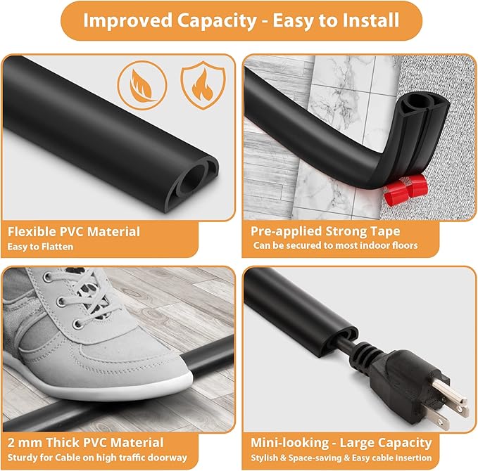 12ft Cord Cover Floor for Extension Cords, Self-Adhesive Floor Cable Cover to - Image 5
