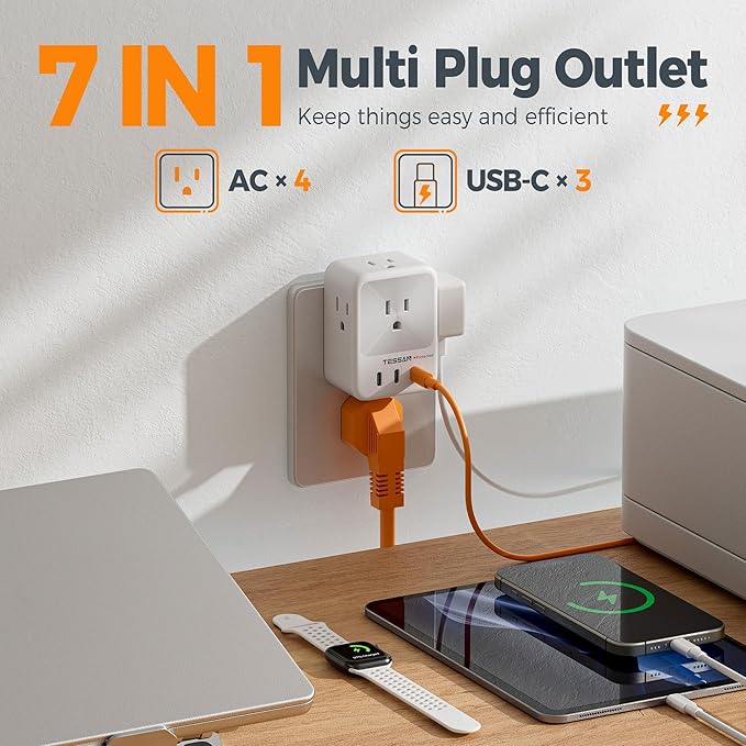 USB Multi Plug Outlet Splitter, TESSAN Surge Protector 4 Outlet Extender - Image 3