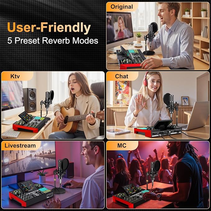 Podcast Microphone Bundle with Live Sound Card Audio Mixer, 3.5mm Condenser - Image 4