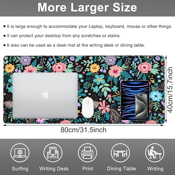 Mouse Pad, Large Colorful Flowers and Plants Desk Mat, Extended Non-Slip Gaming - Image 2