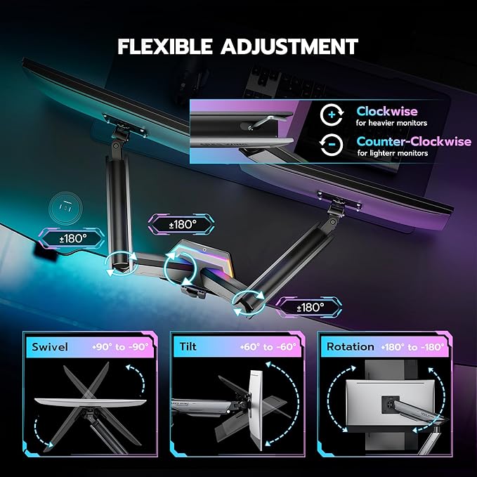 ARES WING RGB Dual Monitor Arm for 17-38" Ultrawide Screens, Holds 35.2lbs - Image 4