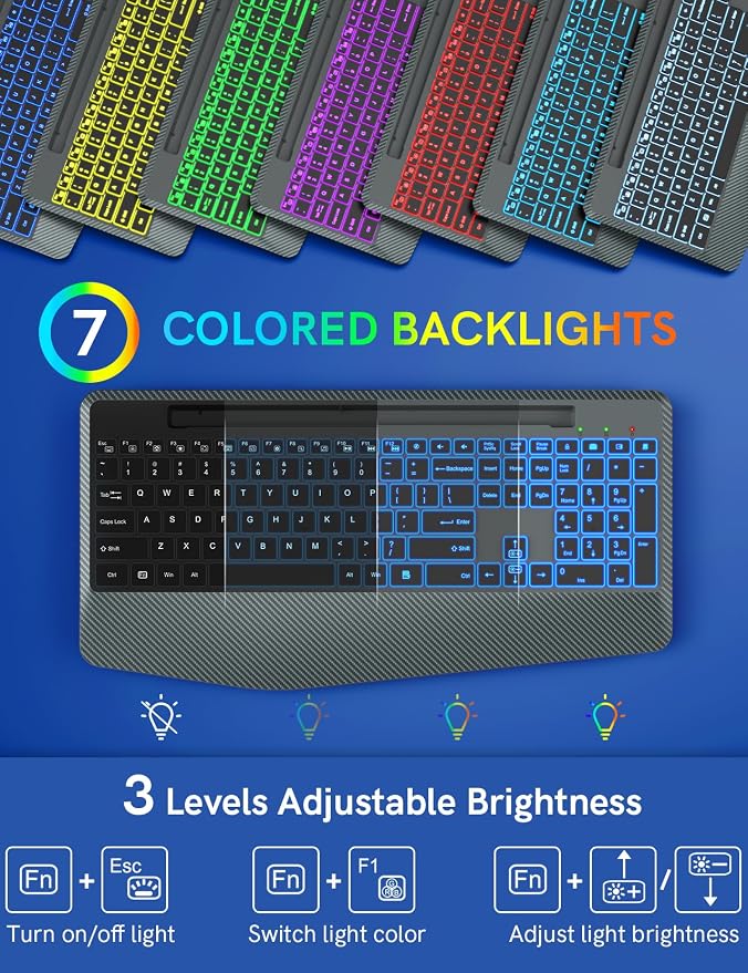 Wireless Keyboard with 7 Colored Backlit, Wrist Rest, Phone Holder, - Image 2