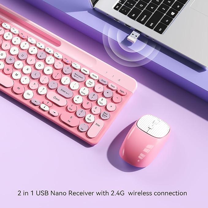 Retro Wireless Keyboard with Round Keycaps, 2.4GHz Full-Size USB Cute Wireless - Image 2