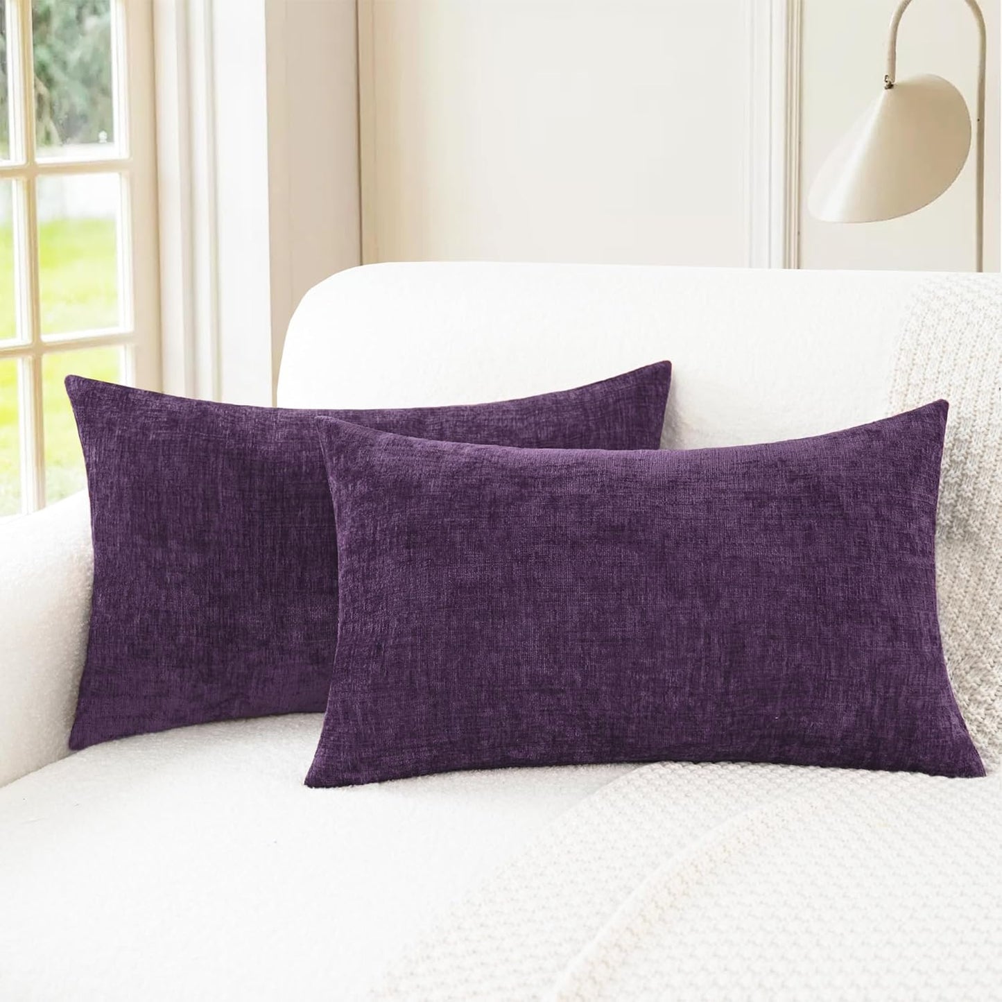 CaliTime Throw Pillow Covers Decorative 12 X 20 Inches Pack of 2 Cozy Chenille Cushion Cases for Couch Sofa Bed Living Room Home Plum Purple