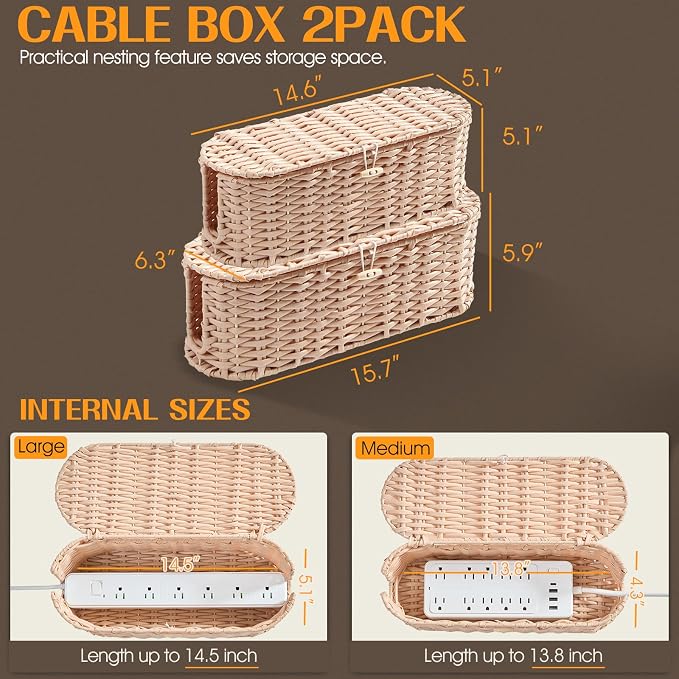 FairyHaus Cable Management Box 2Pack Cream, Handwoven Large and Small Cable - Image 3
