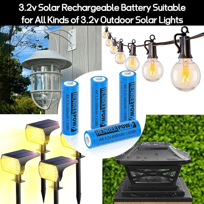 Henreepow AA 3.2v Solar Rechargeable Batteries, LiFePo4 Double A 600mAh 3.2v - Image 2