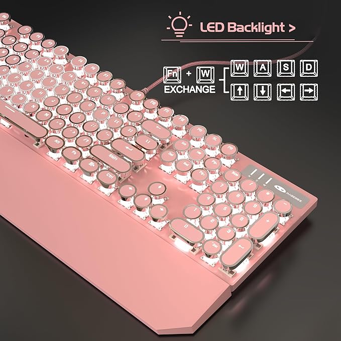 MageGee Typewriter Mechanical Gaming Keyboard, Retro Punk Pink Round Keycaps - Image 5