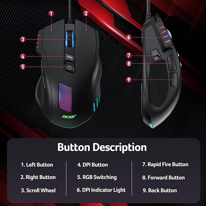 acer Wired Gaming Mouse, 800 DPI RGB Ergonomic Computer Mouse - Image 4
