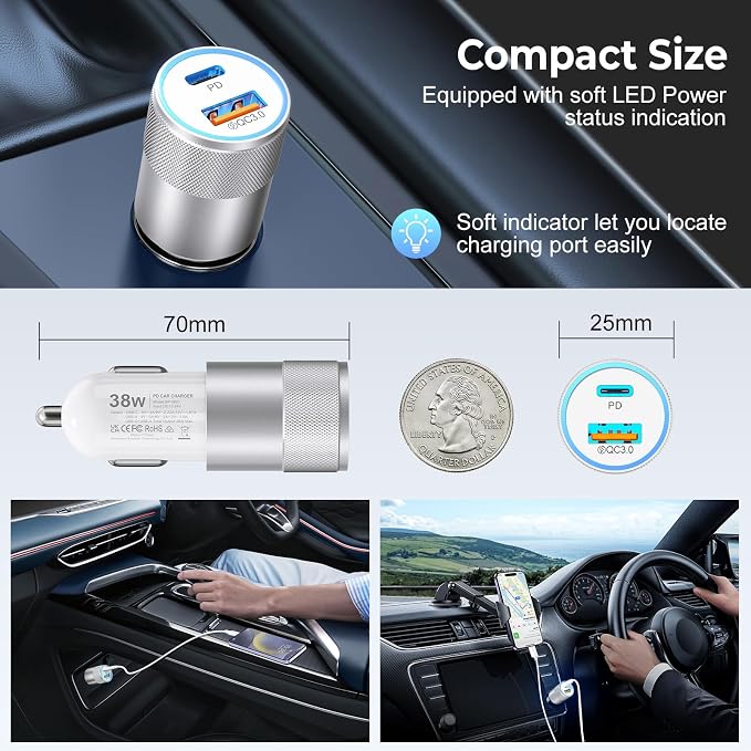 3-Pack Car Charger, Ancekoy 38W Dual Port Fast Charge PD & QC 3.0 Car Adapter - Image 5