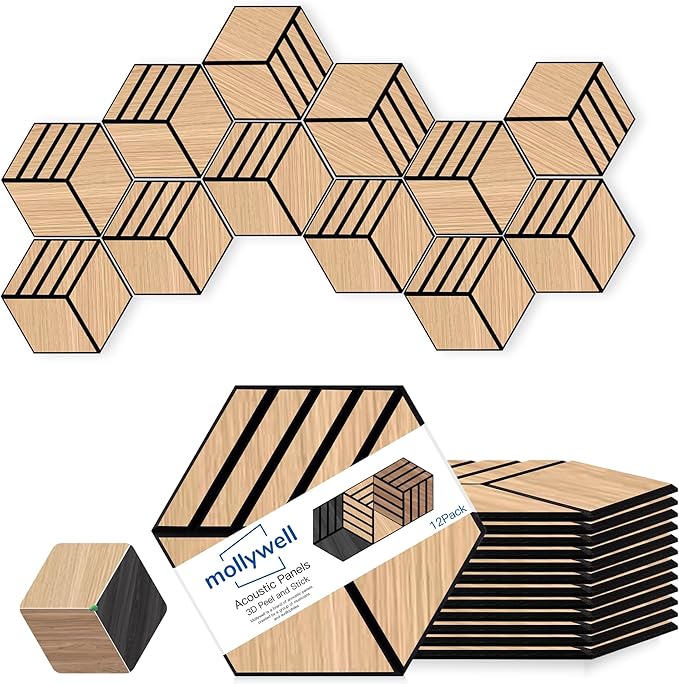 Mollywell Hexagon Acoustic Panels, Natural Oak S4, 12 Pack |Wood Veneer|High by Mollywell