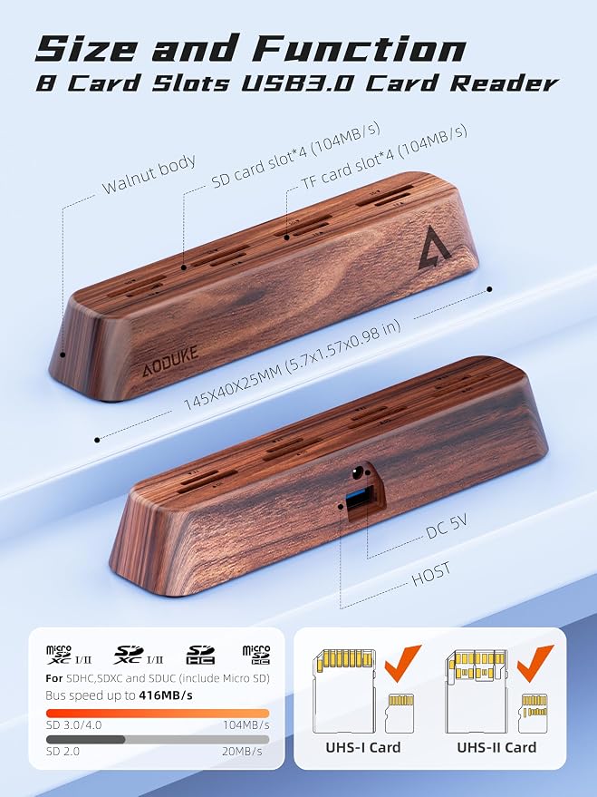 8-Port USB 3.0 SD Card Reader, Walnut Wood Design 5Gbps Data, Simultaneous - Image 7