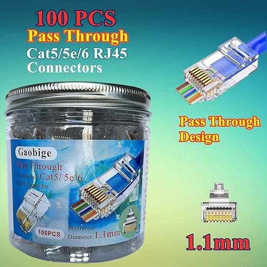 100-PACK Cat5 Cat5e Cat6 RJ45 Pass Through Connectors Ends, 1.1mm Unshielded - Image 2