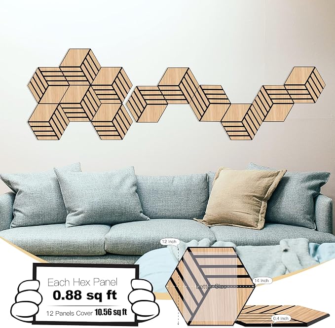 Mollywell Hexagon Acoustic Panels, Natural Oak TW4, 12 Pack |Wood Veneer|High - Image 2