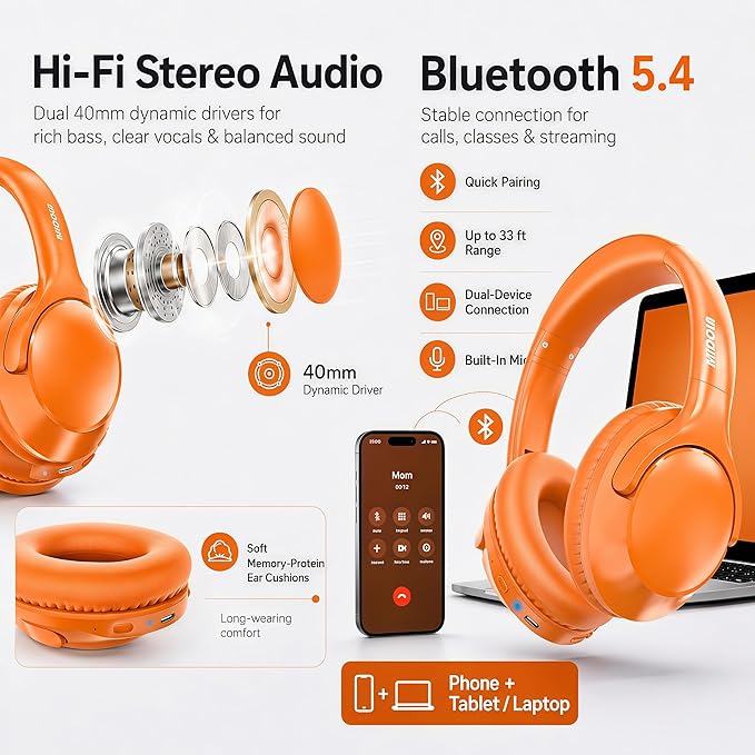 MIDOLA Bluetooth Headphones Over Ear 68H Playtime 6 EQ Wireless Headset - Image 9