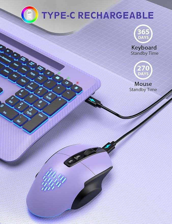 Wireless Keyboard and Mouse Backlits, Wrist Rest, LED Mouse, Rechargeable - Image 6