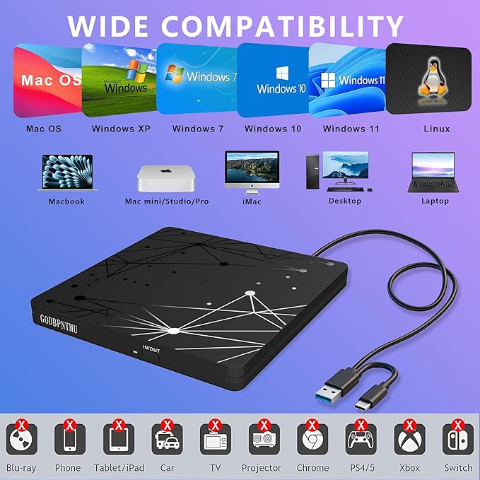 External CD/DVD Drive for Laptop, Ultra-Thin USB Disk Drive, DVD Player for - Image 6