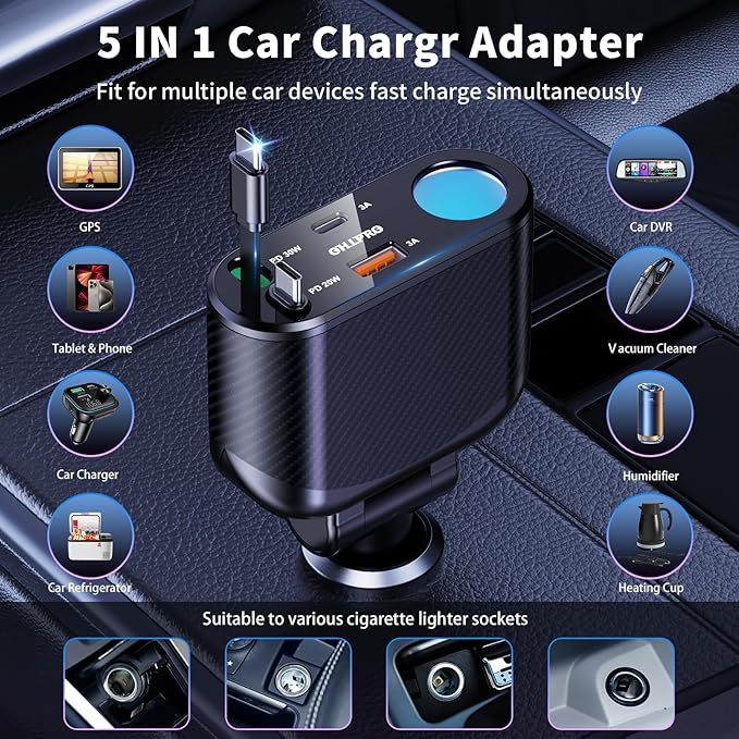OHLPRO Retractable Car Charger Cigarette Lighter Adapter, 168W 5 in 1 Fast - Image 2
