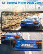 WiFi 4K Rear View Mirror Camera 12" Mirror Dash Cam Front and Rear w 64G TF - Image 2