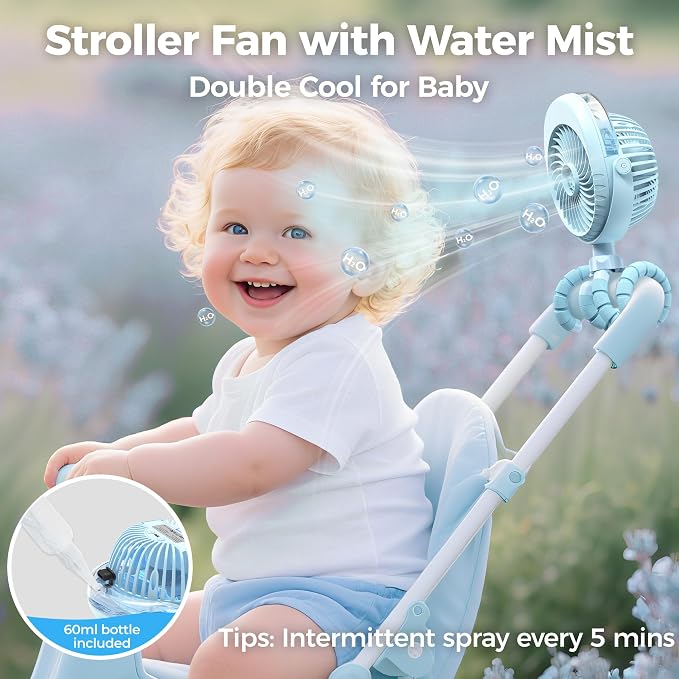 2025 Upgarded 4000mAh Misting Baby Stroller Fan, Rechargeable Battery Operated - Image 2