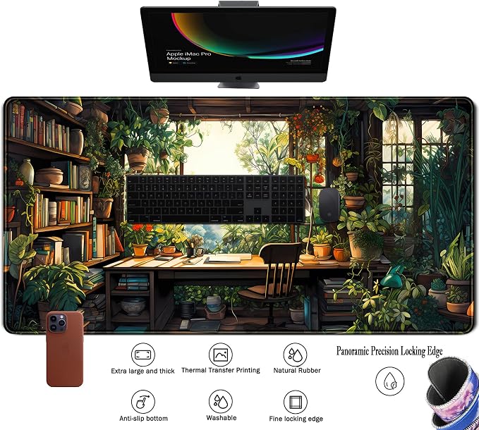 Green Plant Lovers Cute Desk Mat, Kawaii Desk Pad XXL Large Extended Lofi Mouse - Image 3