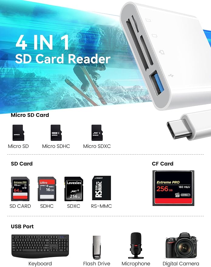 SD Card Reader, USB C to Micro SD/TF/CF Memory Card Reader, 4 in 1 USB Type C - Image 2