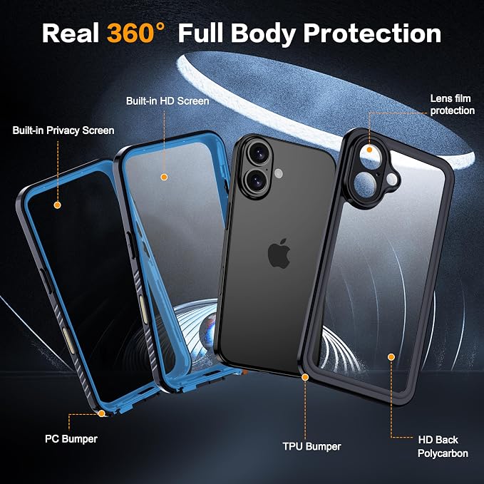 for iPhone 16 Case Waterproof, Built-in Privacy Screen & HD Screen Double Front - Image 2
