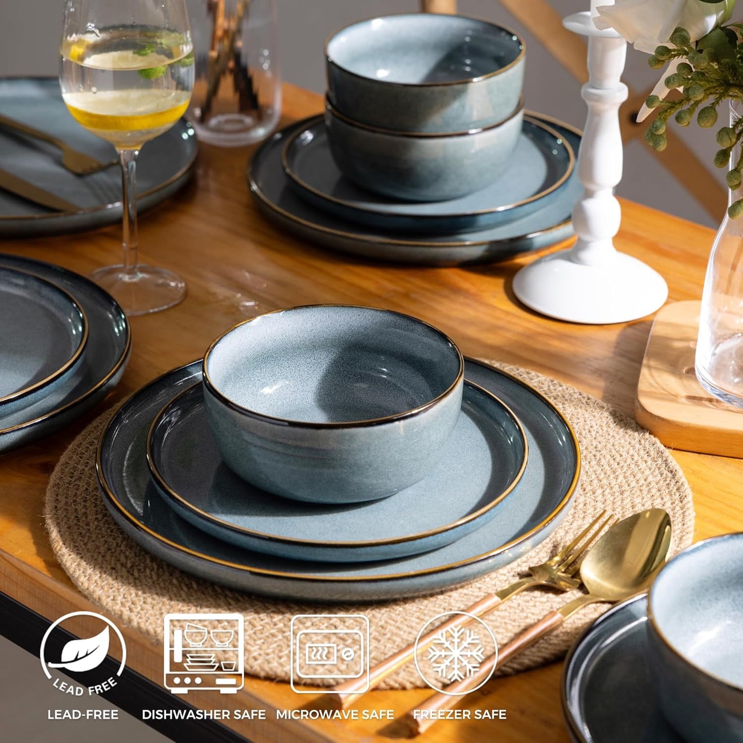 GBHOME Ceramic Dinnerware Sets for 4, 12 Pieces Stoneware Plates and Bowls Sets, Reactive Glaze Dishes -Scratch Resistant, Dishwasher&Microwave Safe, Space Blue