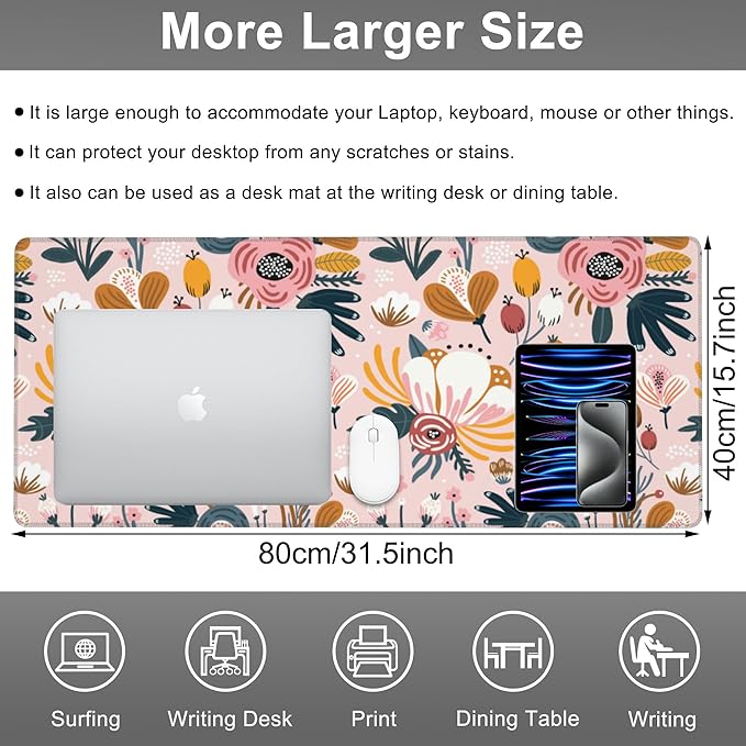Mouse Pad, Large Colorful Flowers and Berries Desk Mat, Extended Non-Slip - Image 2
