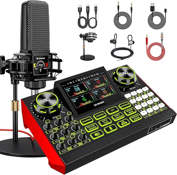 Podcast equipment bundle with live sound card audio mixer, podcast equipment by tenlamp