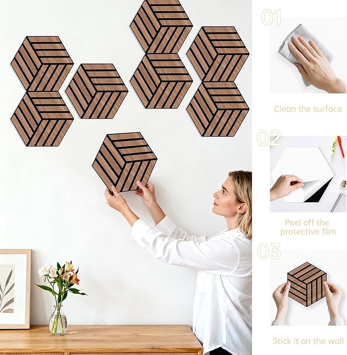 Mollywell Hexagon Acoustic Panels, Walnut TH4, 12 Pack |Wood Veneer|High - Image 6