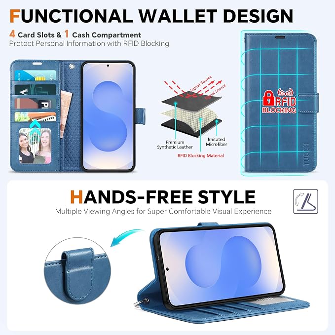 TUCCH Case Wallet for Galaxy S25 Edge, Removable Wrist Strap PU Leather - Image 5