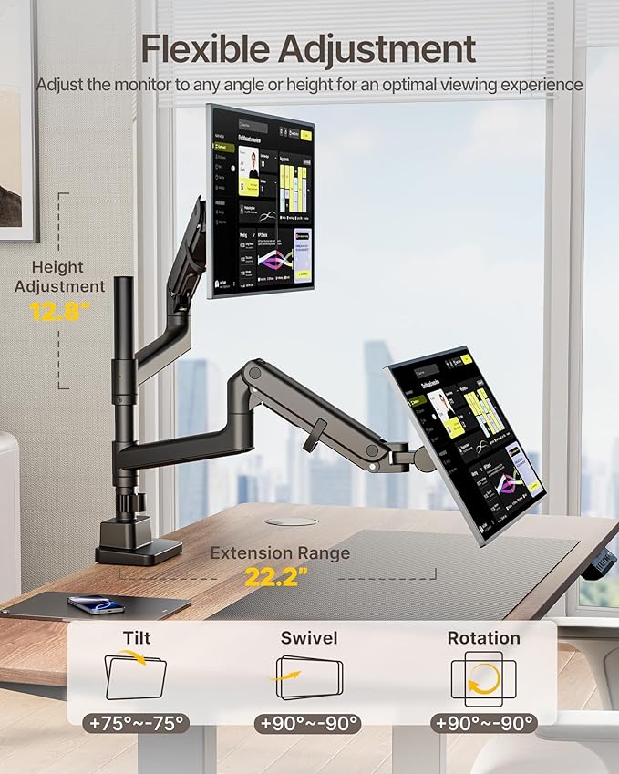 monTEK Dual Monitor Arm for up to 57" and 59.4 lbs Ultrawide Screen, Aluminum - Image 5