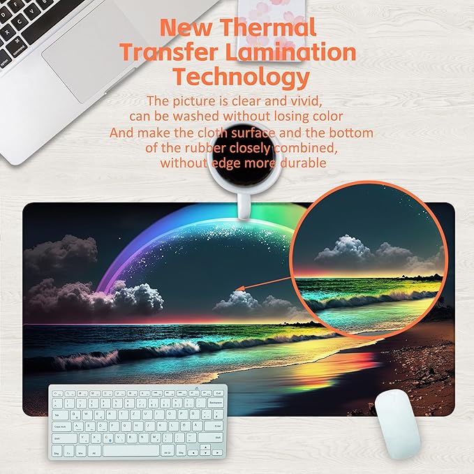 Desk Mat, Rainbow and Full Moon Desk Pad, Beach at Night Large Gaming Mouse Pad - Image 4