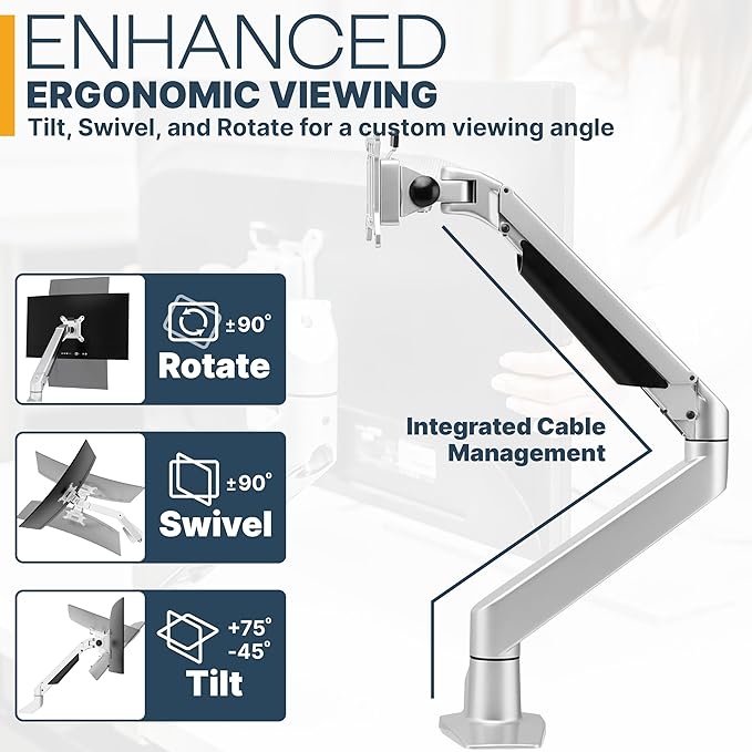 Premium Height Adjustable Single Monitor Arm Stand: Desk/Grommet Mount - Image 6