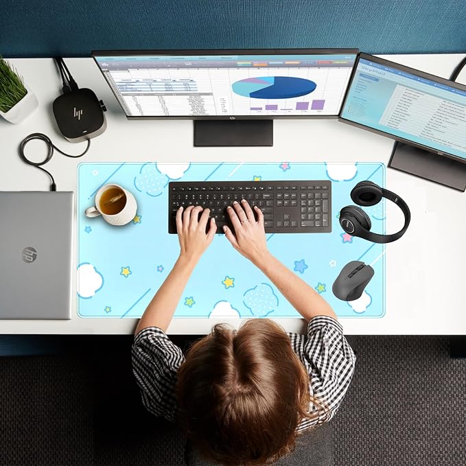 Kawaii Pastel Blue Star Grid Desk Pad, Large Gaming Mousepad & Keyboard Mat - Image 7
