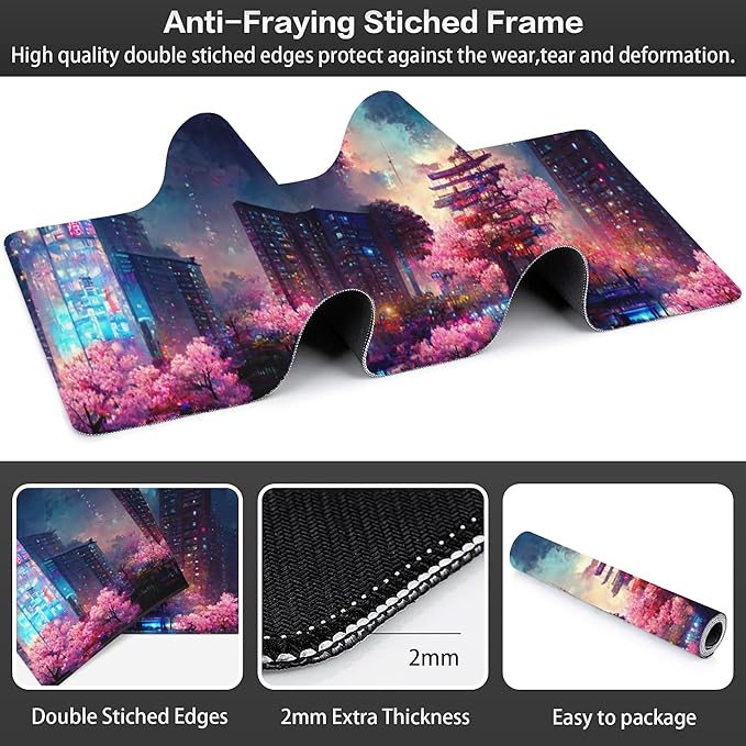Japanese Fantasy Night City Desk Mat, Large Beautiful Night Scene Gaming - Image 3
