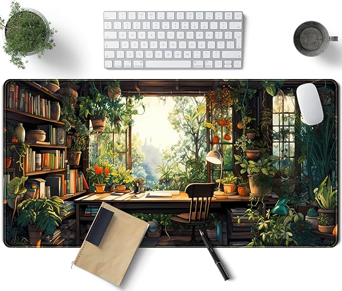 Green Plant Lovers Cute Desk Mat, Kawaii Desk Pad XXL Large Extended Lofi Mouse by TENG+DA+QING