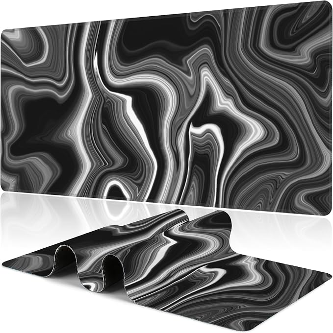 Black and White Marble Desk Mat, Large Marble Ink Texture Gaming Keyboard Mouse by NIYLYNSYN