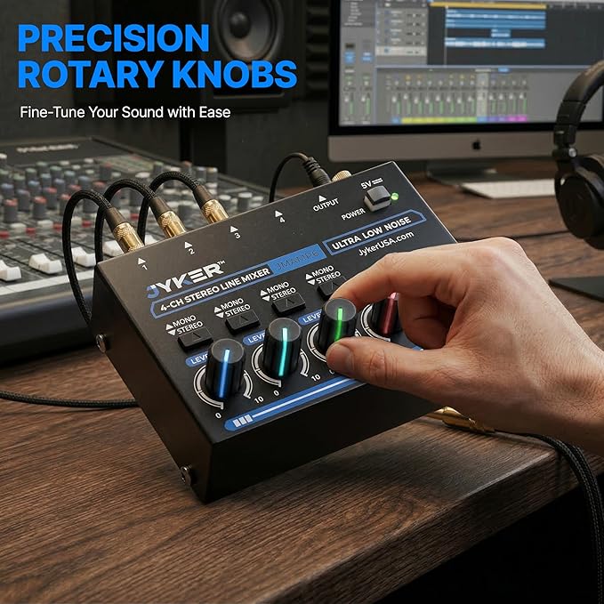 Jyker 4 Channel Stereo Line Mixer, Compact Audio Mixer TS/TRS Line Level Sources - Image 6