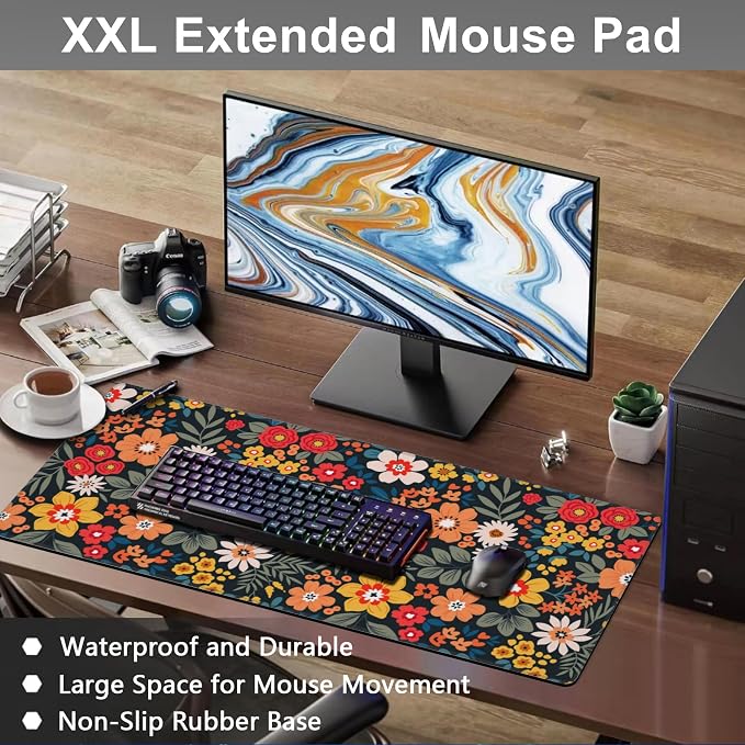 Mouse Pad, Large Colorful Flowers and Plants Desk Mat, Extended Non-Slip Gaming - Image 6