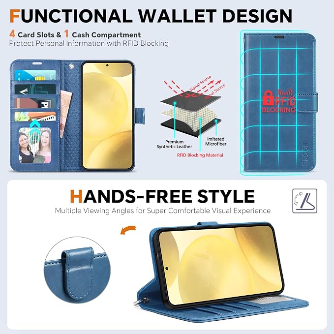 TUCCH Case Wallet for Galaxy S25, Removable Wrist Strap PU Leather Magnetic - Image 5