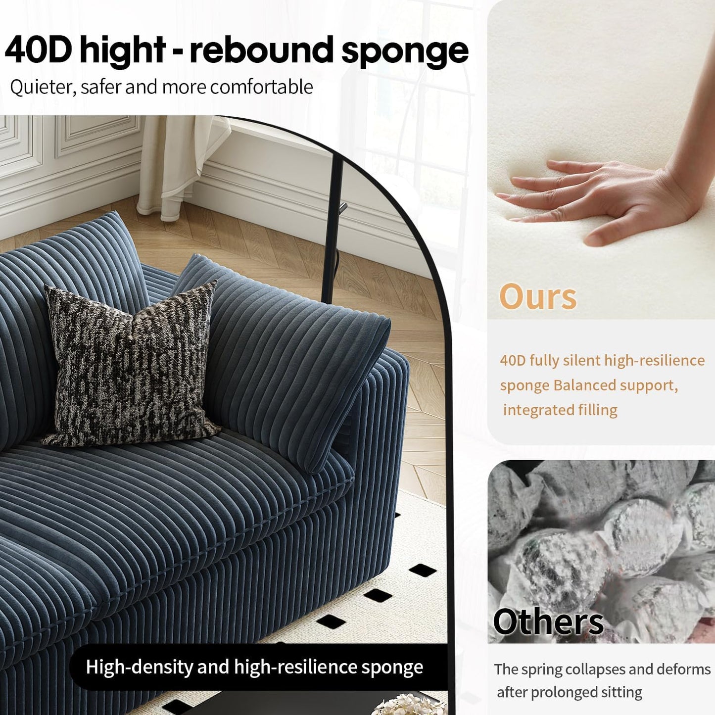 118" Cloud Couch Oversized Modular Sectional Sofa for Living Room,Modern Sofa with Deep Seat，V Shaped Boneless Couch,Comfy Upholstered Corduroy Couches for Apartment, Studio, Office,Bedroom，Blue