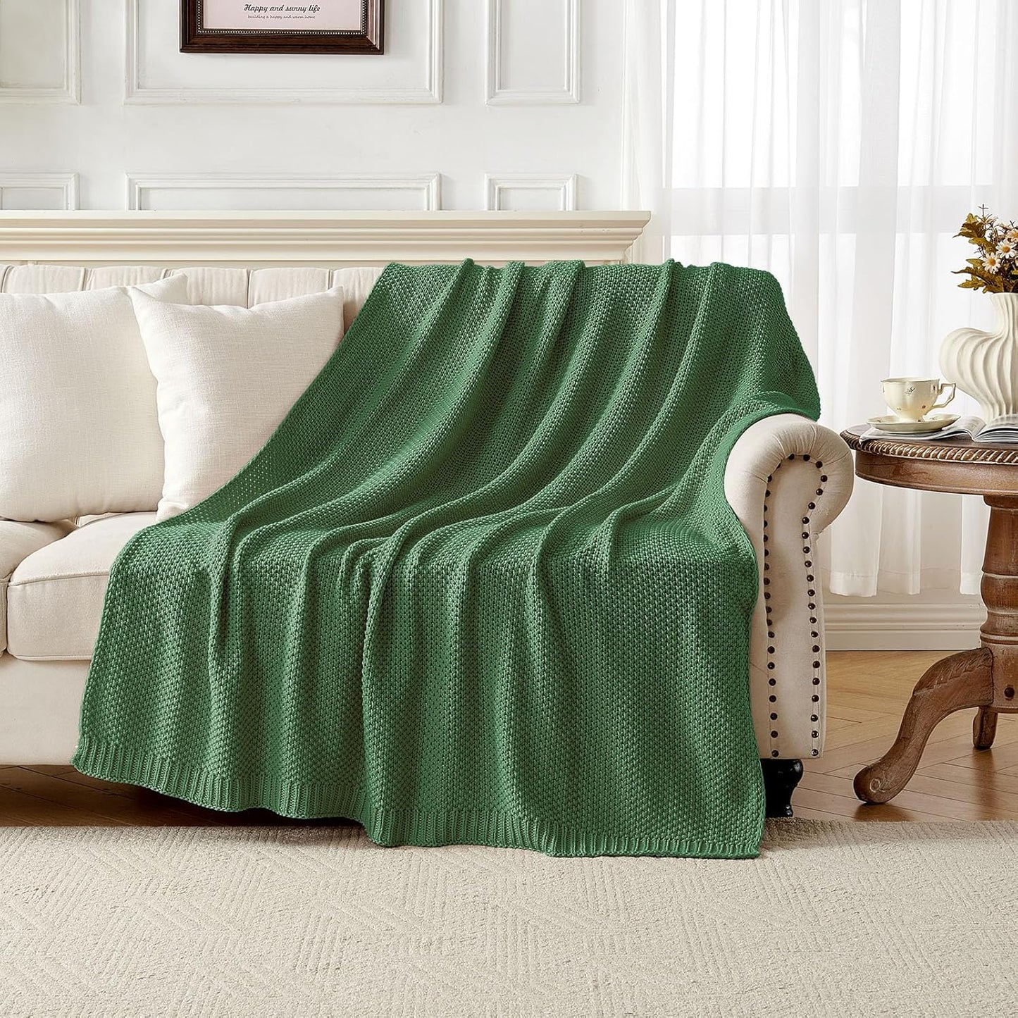Joydeco Chunky Cable Knit Throw Blanket, Lightweight 100% Cotton Soft Cozy Throw Twin Blanket for Couch Bed and Sofa, Rustic Breathable Farmhouse Blanket Gift for Women Men(Olive Green, 51"x63")