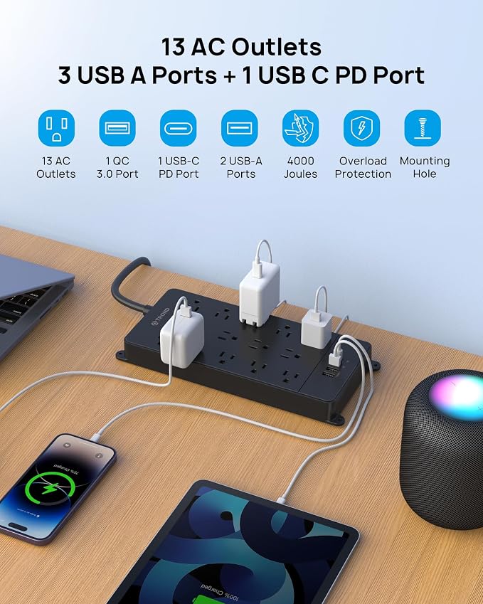 TROND Surge Protector Power Strip 15 ft, Flat Plug Extension Cord - Image 2