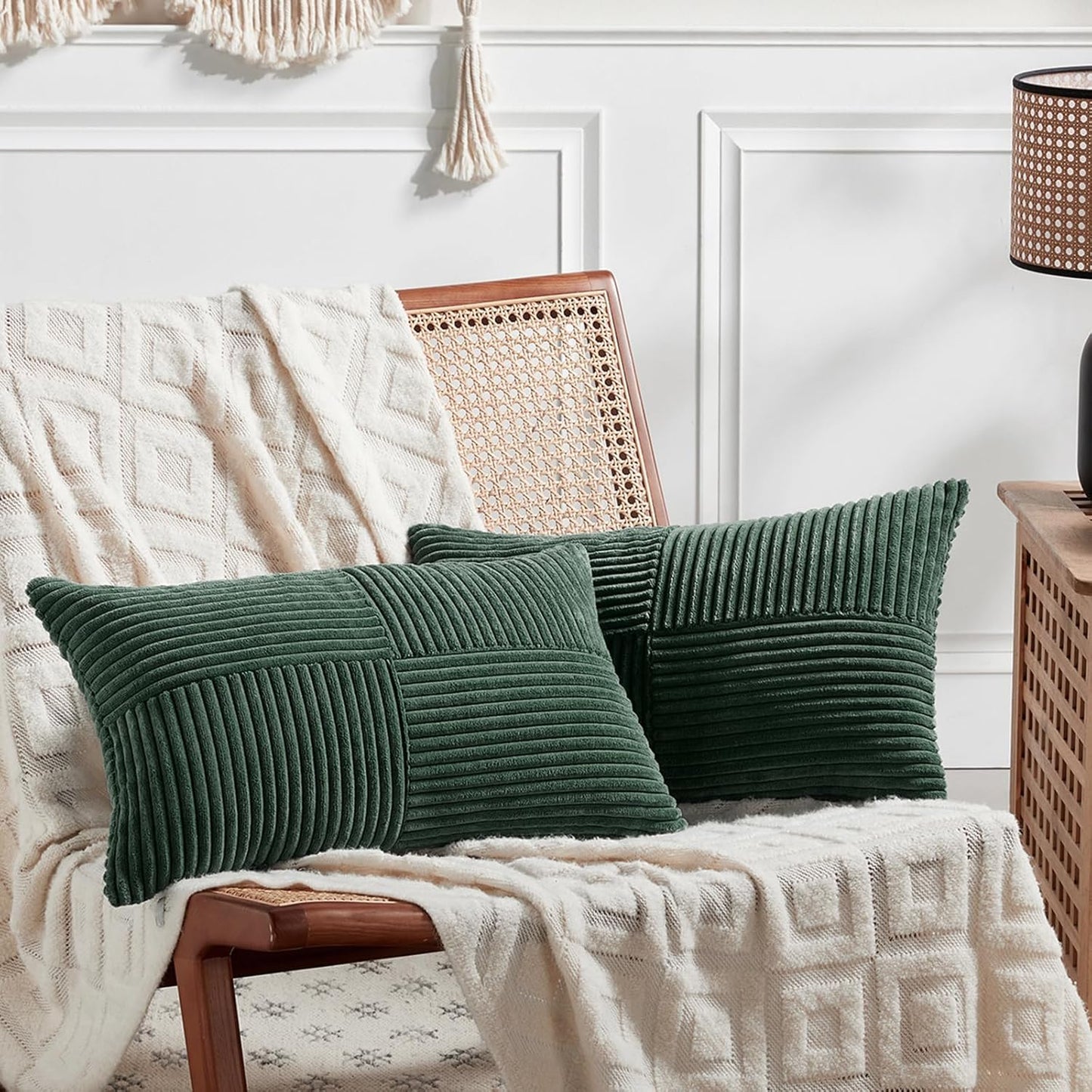 Fancy Homi Set of 2 Dark Green Long Lumbar Decorative Throw Pillow Covers 14x24 Inch for Living Room Couch Bed, Boho Farmhouse Forest Green Home Decor, Soft Corduroy Corss Textured Cushion Case