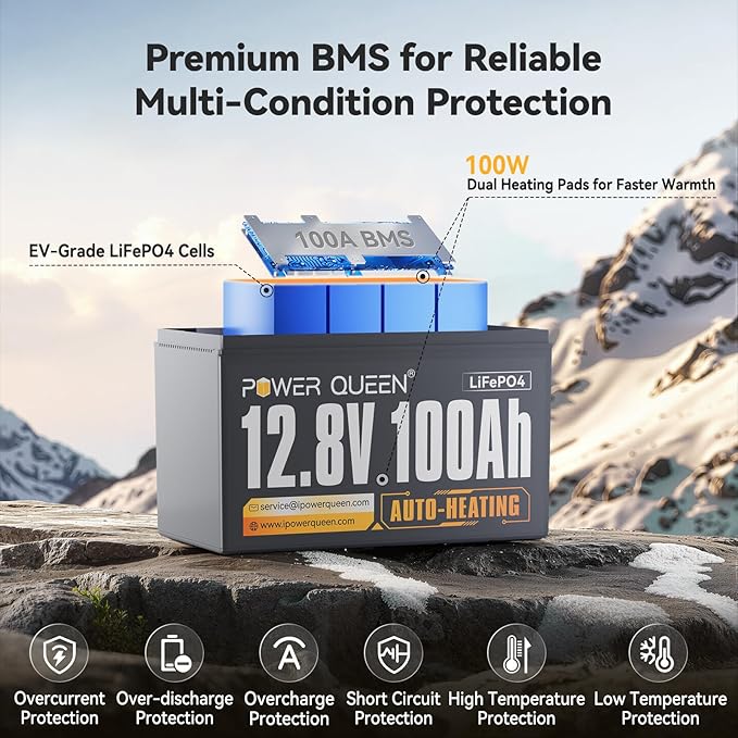 Power Queen Upgraded 12.8V 100Ah Auto-Heating Lithium Battery, Built-in 100A BMS - Image 3