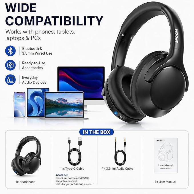 MIDOLA Bluetooth Headphones Over Ear 68H Playtime 6 EQ Wireless Headset - Image 5