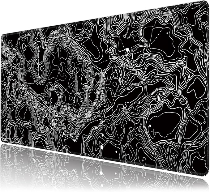 Black with White Topographic Line Large Mouse Pad, Gaming Keyboard Desk Pad by BAHDSISFA